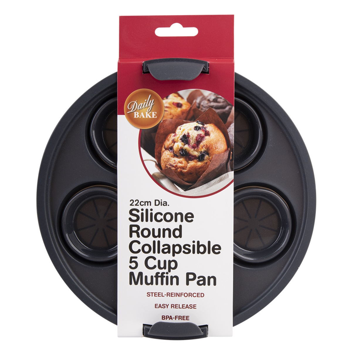 Daily Bake Silicone Round Collapsible Air Fryer 5 Cup Muffin Pan 22cm Dia. - Charcoal-3