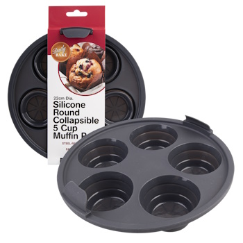 Daily Bake Silicone Round Collapsible Air Fryer 5 Cup Muffin Pan 22cm Dia. - Charcoal
