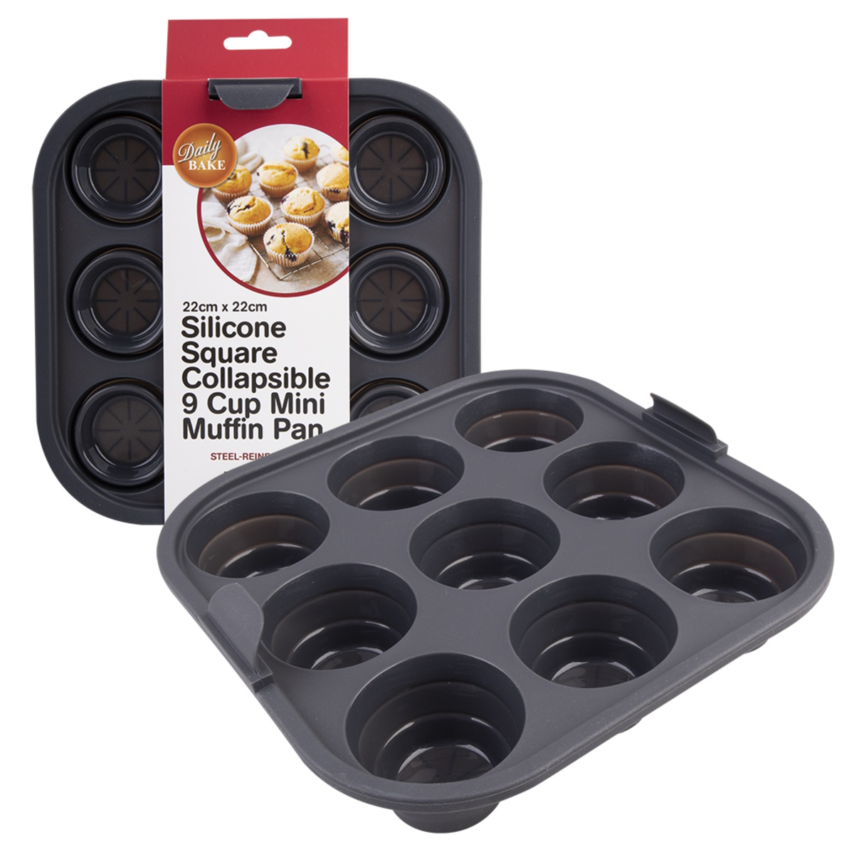 Daily Bake Silicone Square Collapsible Air Fryer 9 Cup Muffin Pan 22 X 22cm - Charcoal-1