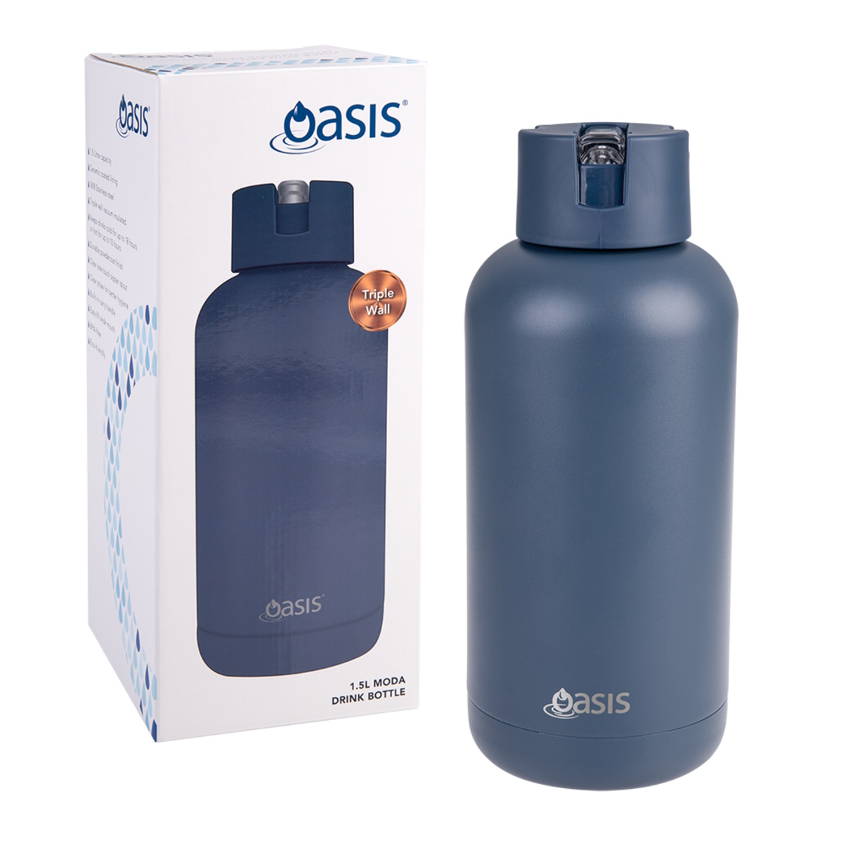 Oasis Moda Ceramic Lined S/S Triple Wall Ins. Drink bottle 1.5l Indigo-1