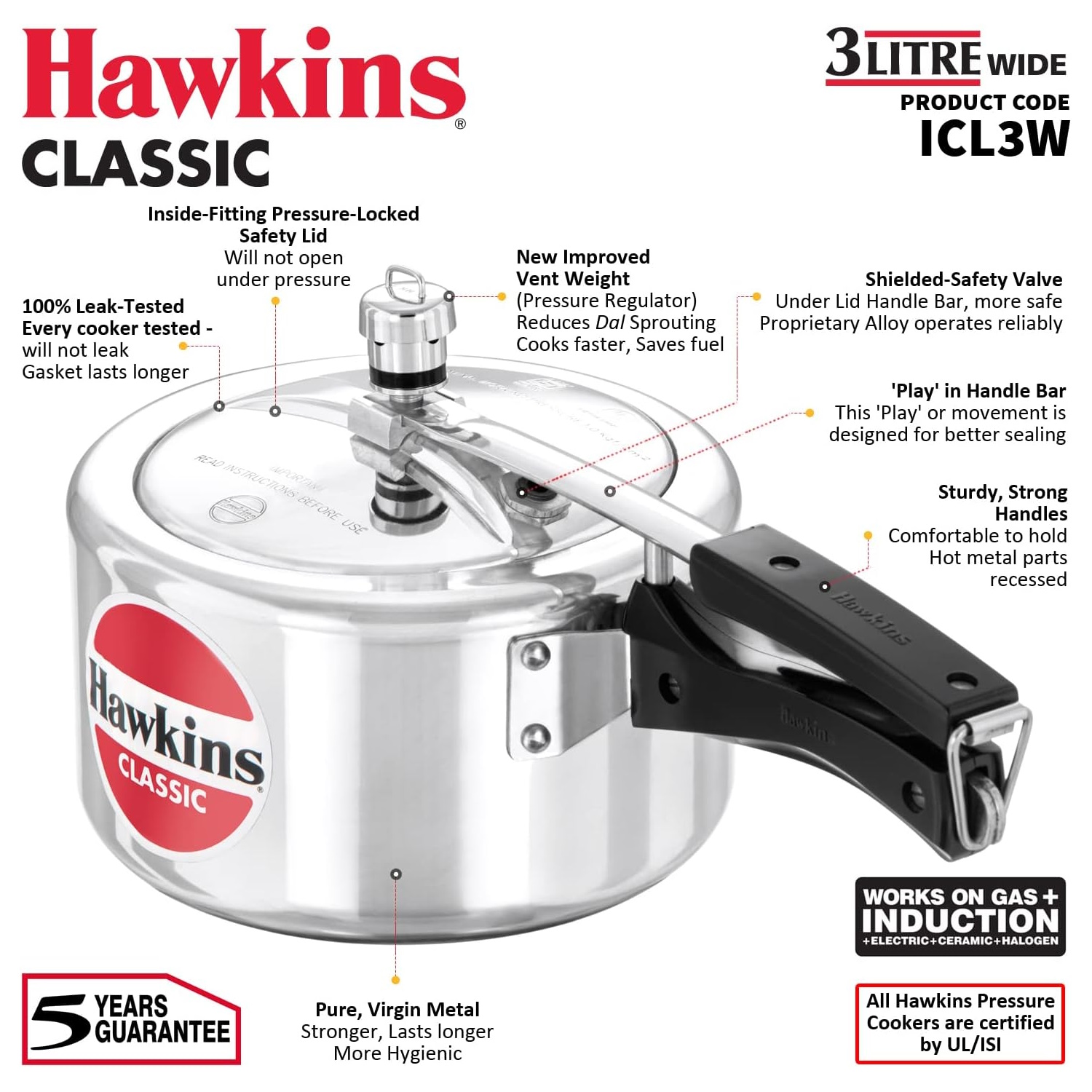 Hawkins Classic 3L Wide Pressure Cooker - ICL3W-2