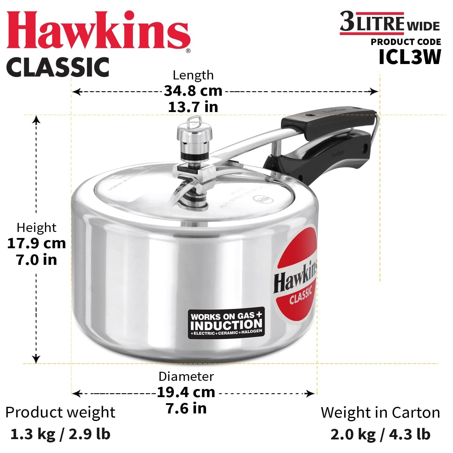 Hawkins Classic 3L Wide Pressure Cooker - ICL50-3