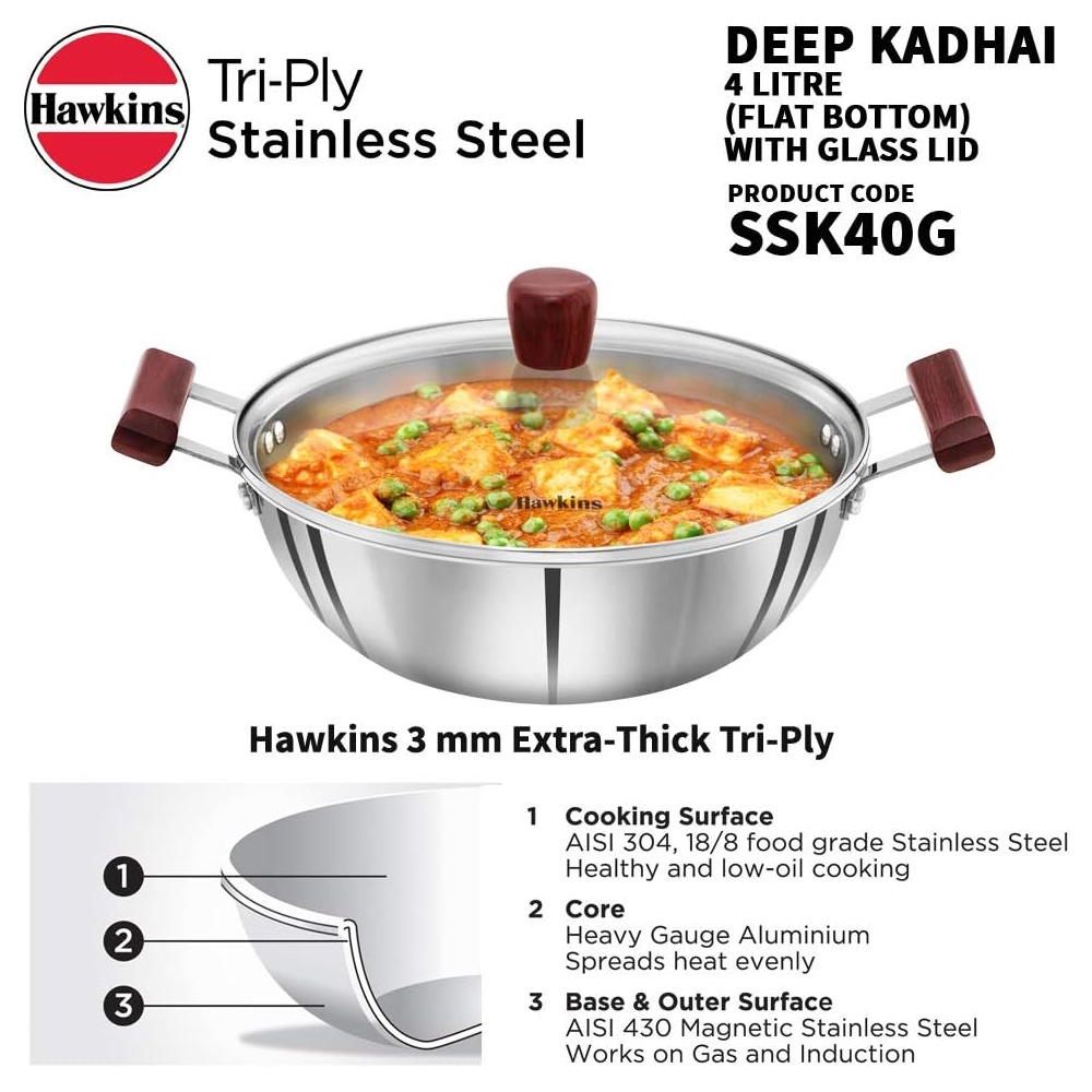 Hawkins Futura Steel Deep Fry Pan with Glass Lid 4 Litre SSK40G