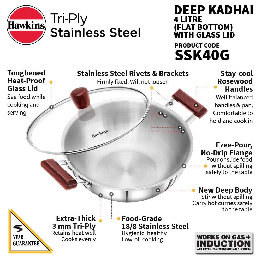 Hawkins Futura Steel Deep Fry Pan with Glass Lid 4 Litre SSK40G-3