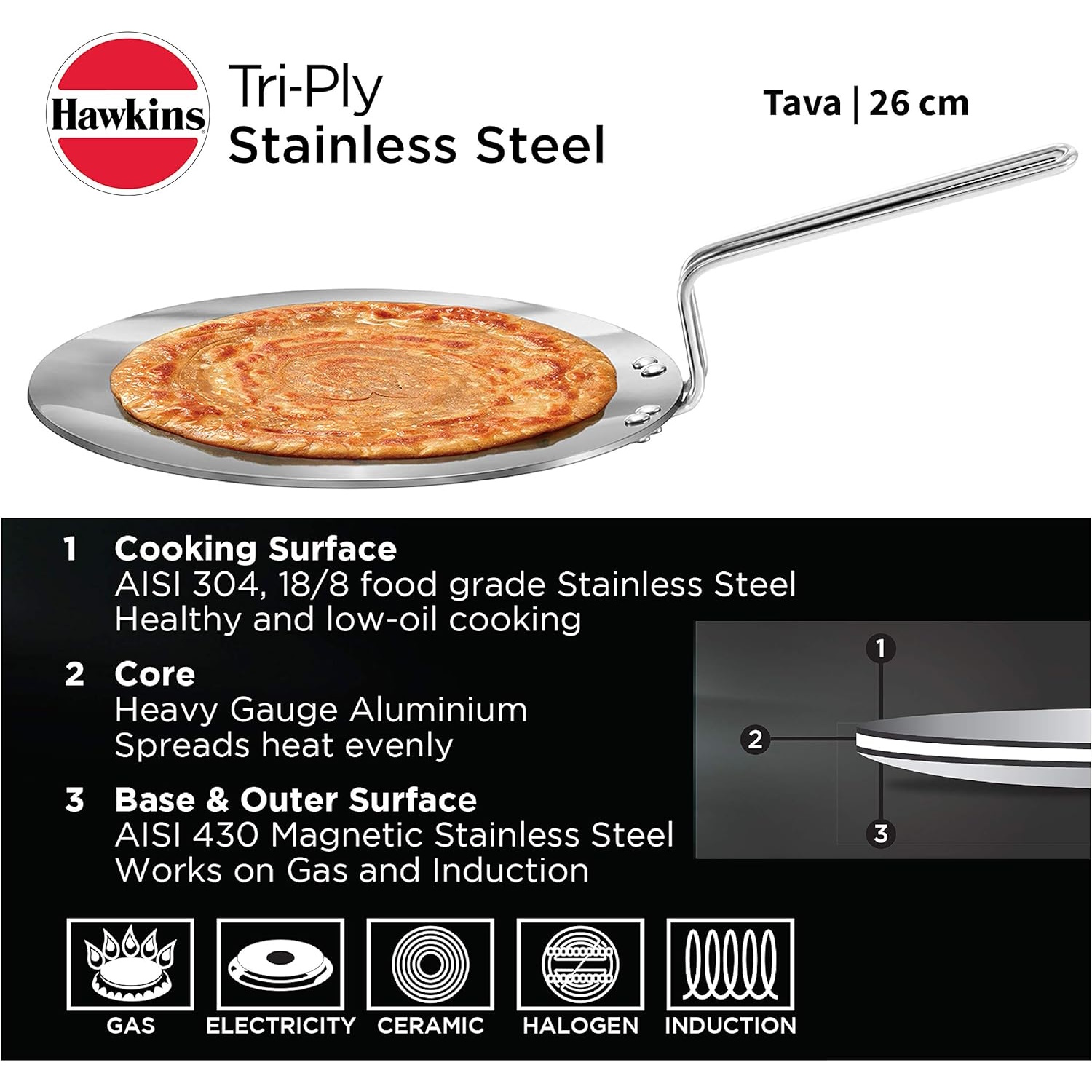 Hawkins Tri-Ply Stainless Steel Tava, 26 cm SSTV26-2