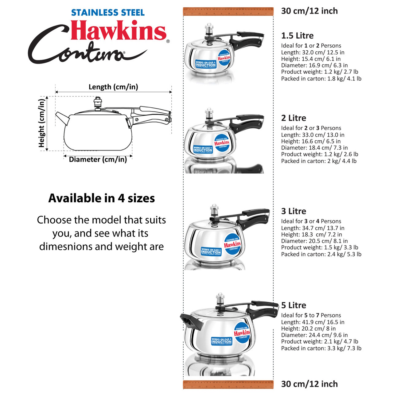 Hawkins Stainless Steel Contura 2 Litre Pressure Cooker - SSC20-3