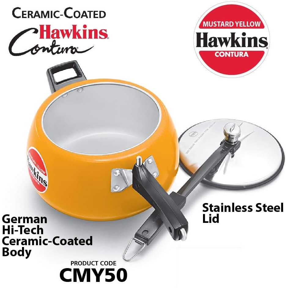 Hawkins Ceramic-coated Contura 5 Litre - Mustard Yellow Pressure Cooker - CMY50