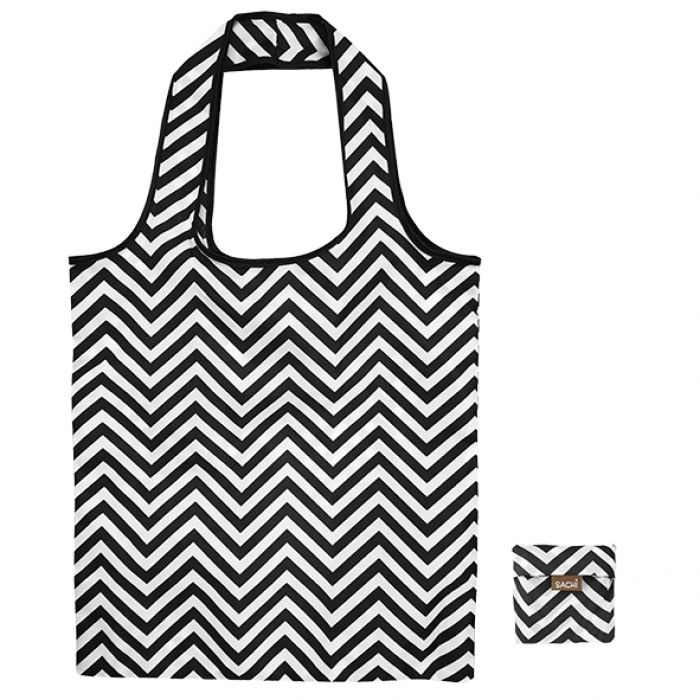 Sachi Fold Up Eco Reusable Shopping Bag - Black & White Chevron-1