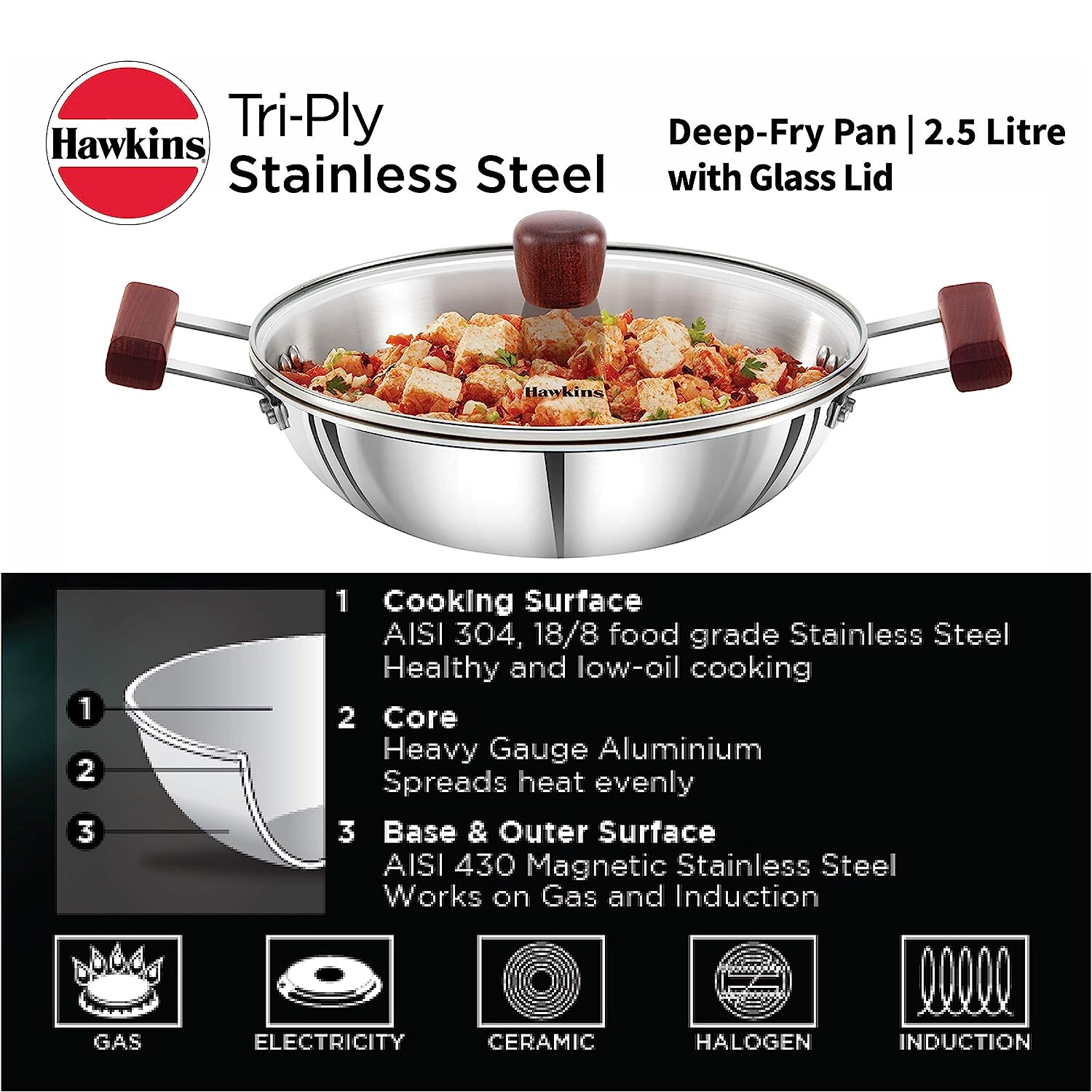 Hawkins Tri-ply Stainless Steel Deep Fry Pan 2.5 Litre With Glass Lid (SSD25G)