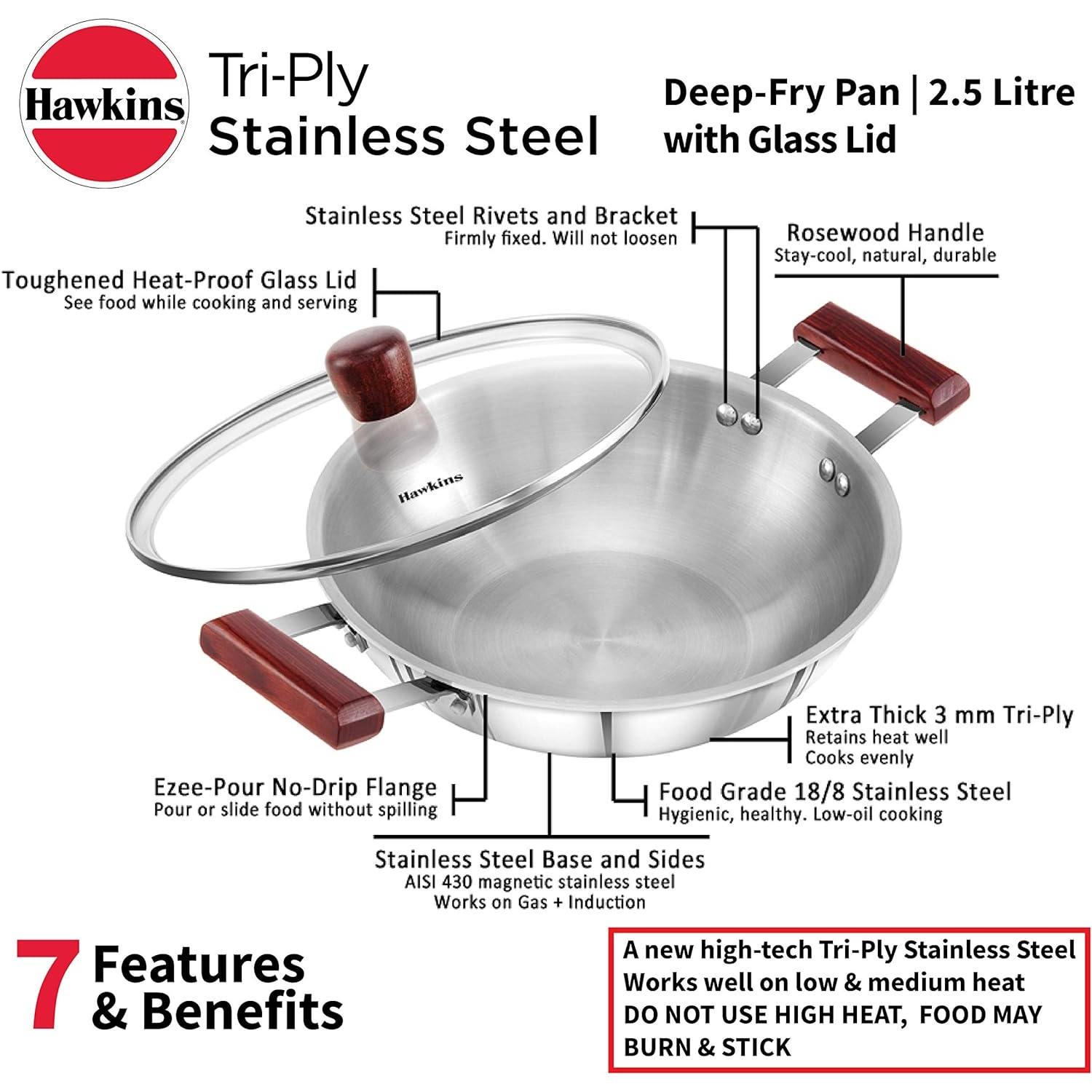 Hawkins Tri-ply Stainless Steel Deep Fry Pan 2.5 Litre With Glass Lid (SSD25G)-3
