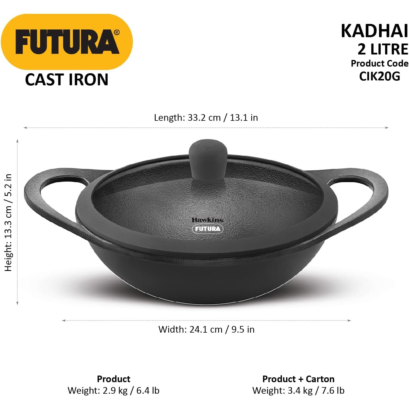 Hawkins Futura 2 Litre Cast Iron Kadhai (CIK20G)-4