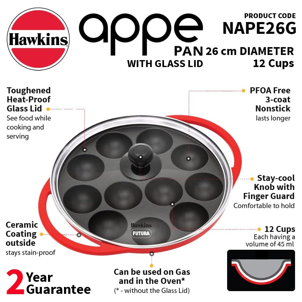 Hawkins Futura 26 cm Appe Pan, Non Stick with Glass Lid, 12 Cups, Red (NAPE26G)-2