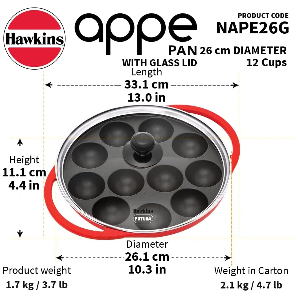 Hawkins Futura 26 cm Appe Pan, Non Stick with Glass Lid, 12 Cups, Red (NAPE26G)-3