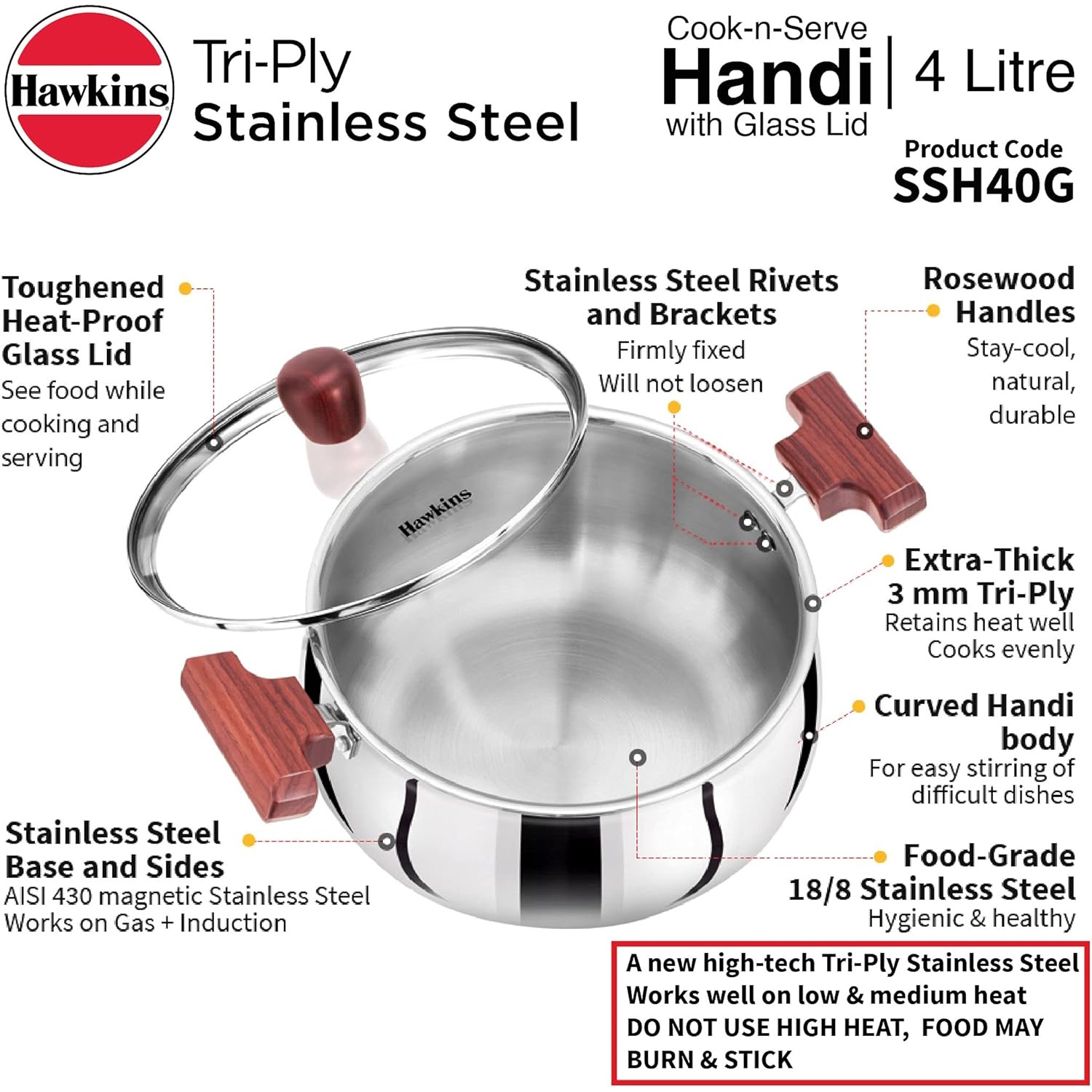 Hawkins Tri-ply Stainless Steel Handi 4 Litre With Glass Lid (SSH40G)-3
