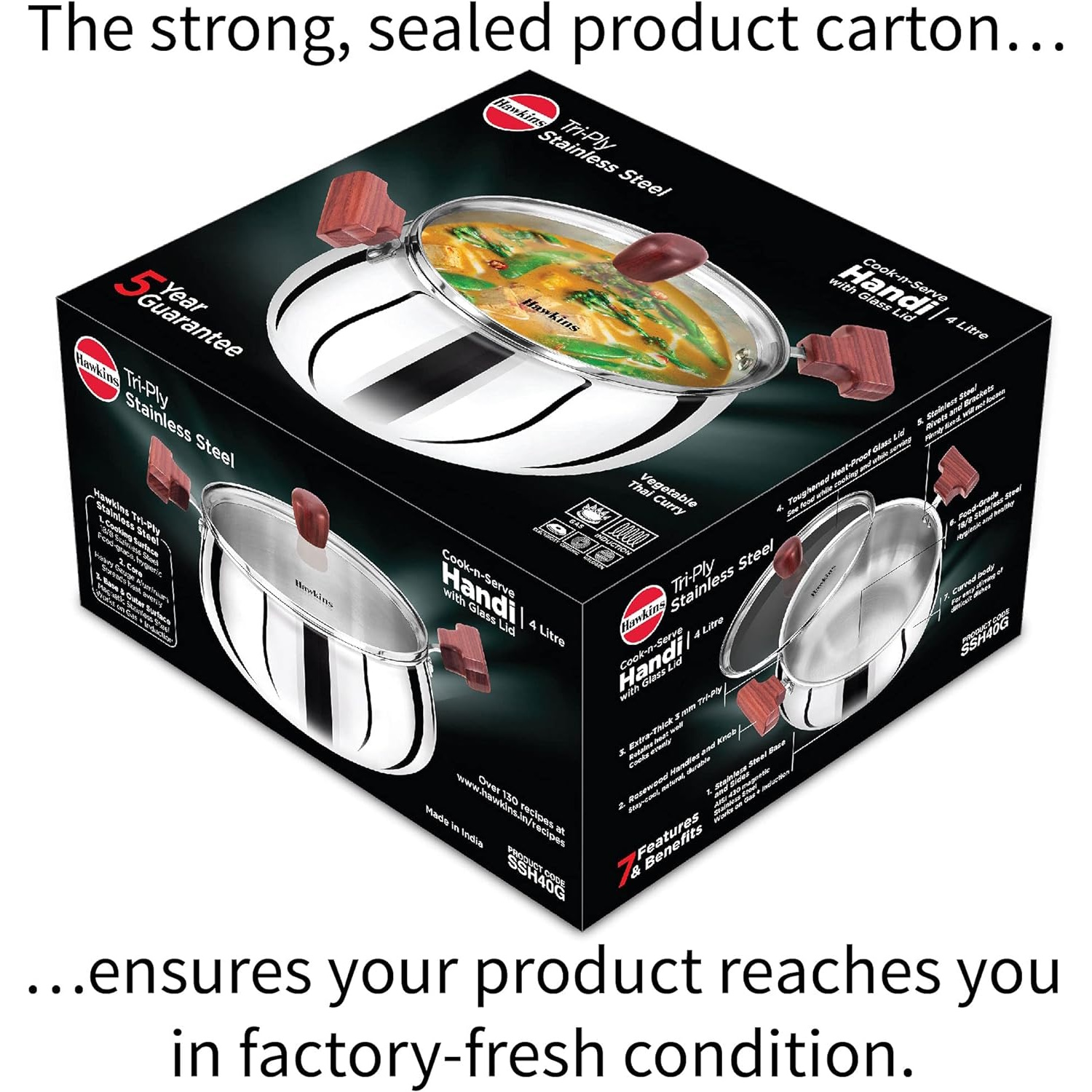 Hawkins Tri-ply Stainless Steel Handi 4 Litre With Glass Lid (SSH40G)-4