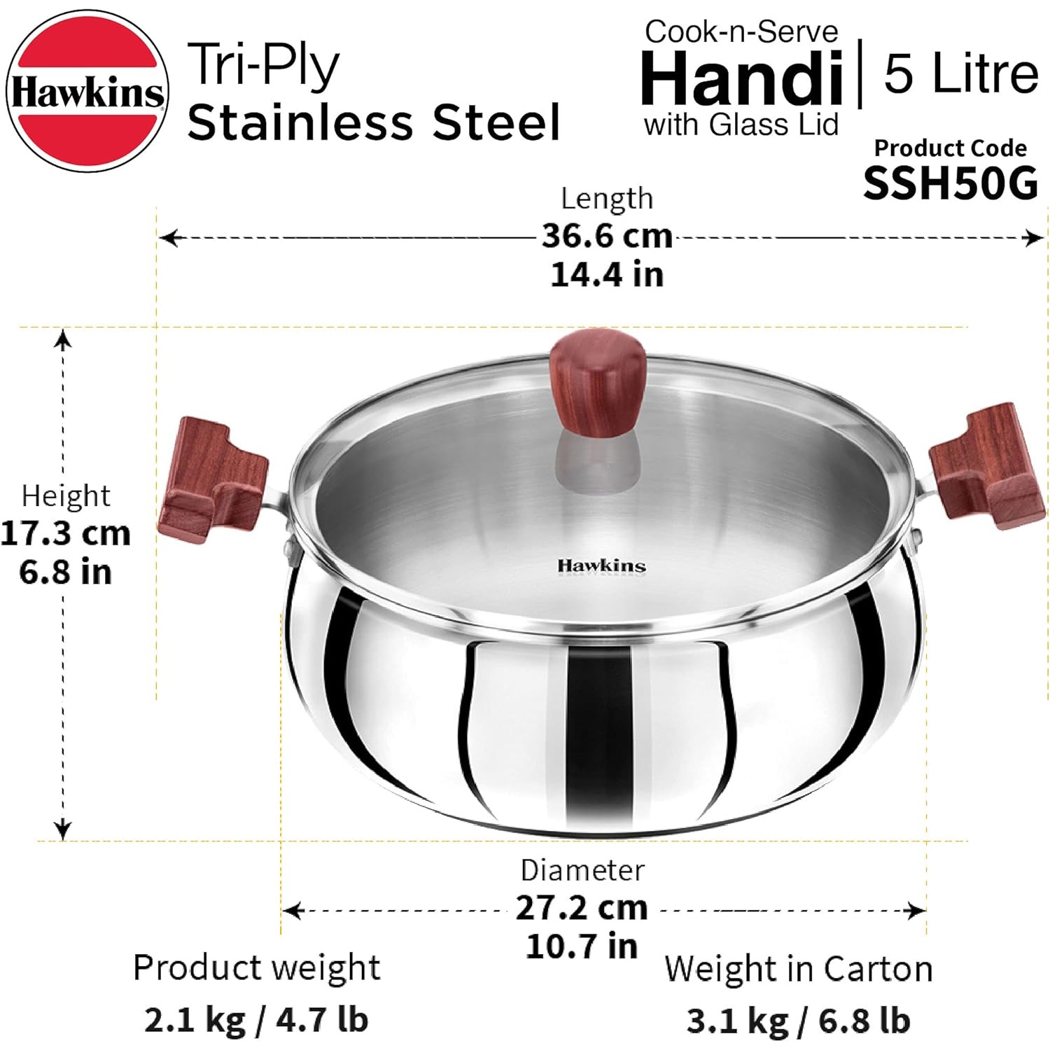 Hawkins Tri-ply Stainless Steel Handi 5 Litre With Glass Lid (SSH50G)-2