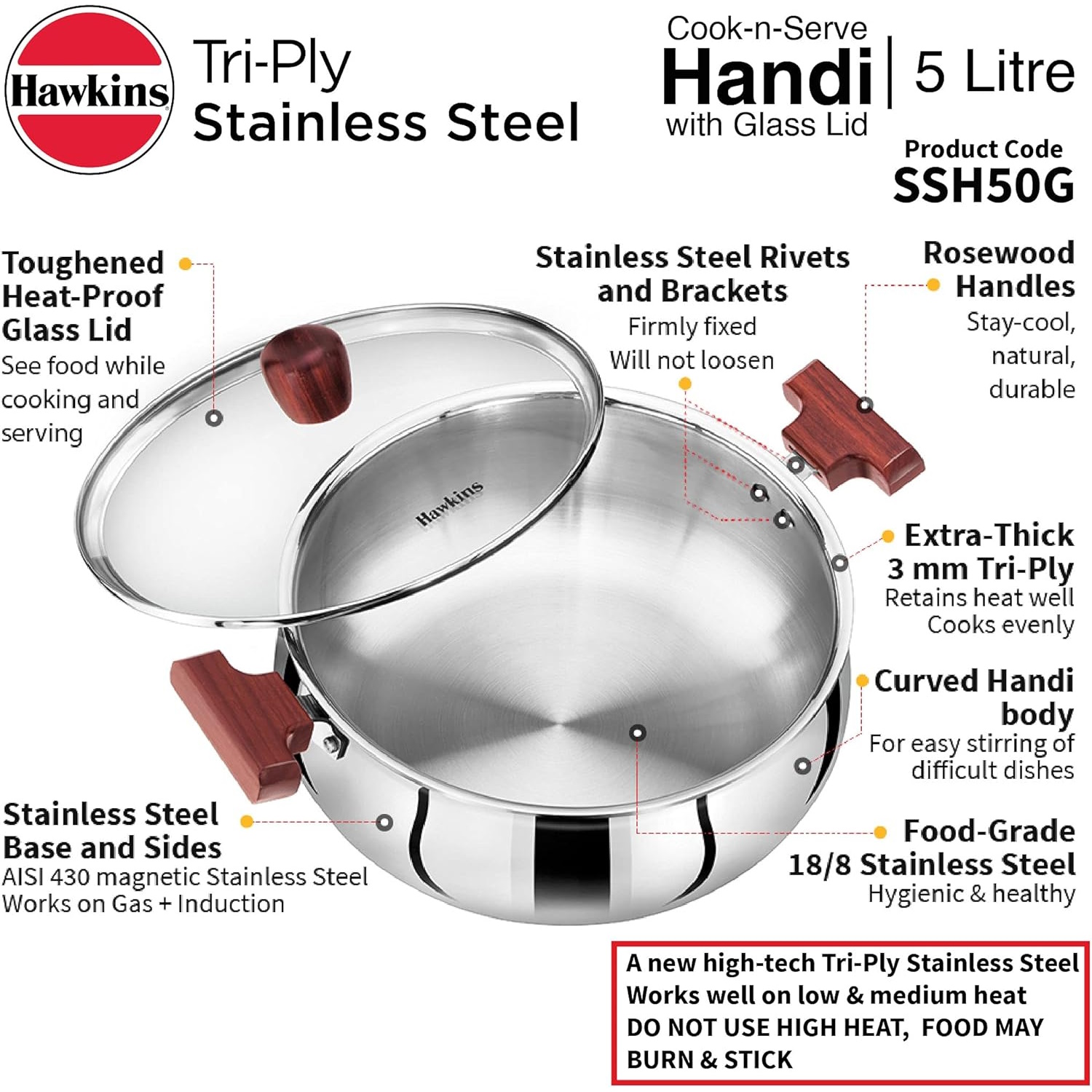 Hawkins Tri-ply Stainless Steel Handi 5 Litre With Glass Lid (SSH50G)-3