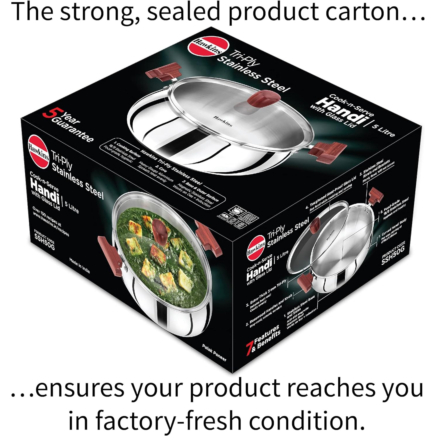 Hawkins Tri-ply Stainless Steel Handi 5 Litre With Glass Lid (SSH50G)-4