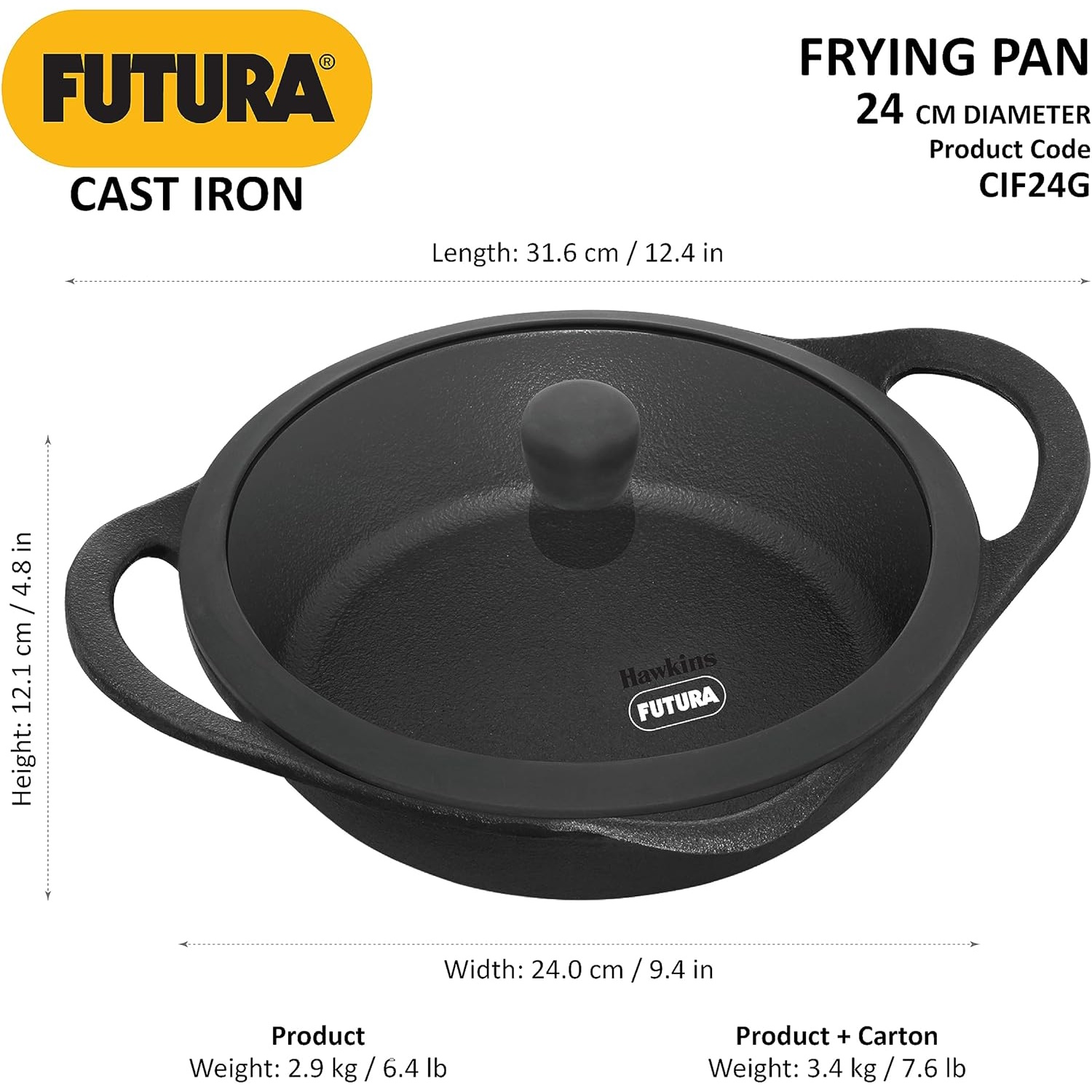 Hawkins Futura Cast Iron Frying Pan 24 Cm (CIF24G)-3
