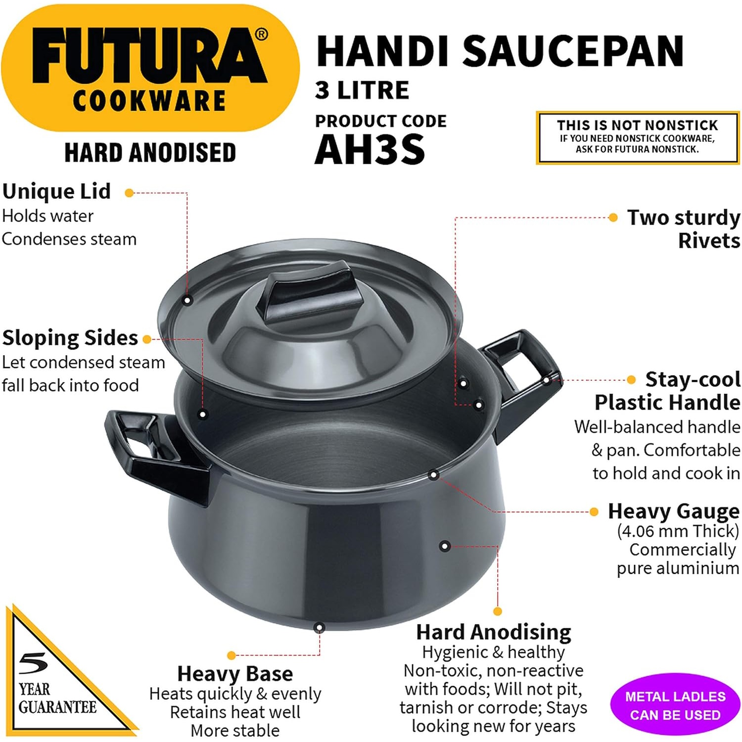 Hawkins Hard Anodised Handi Saucepan 3 Litre With 2 Short Handles (AH3S)-2