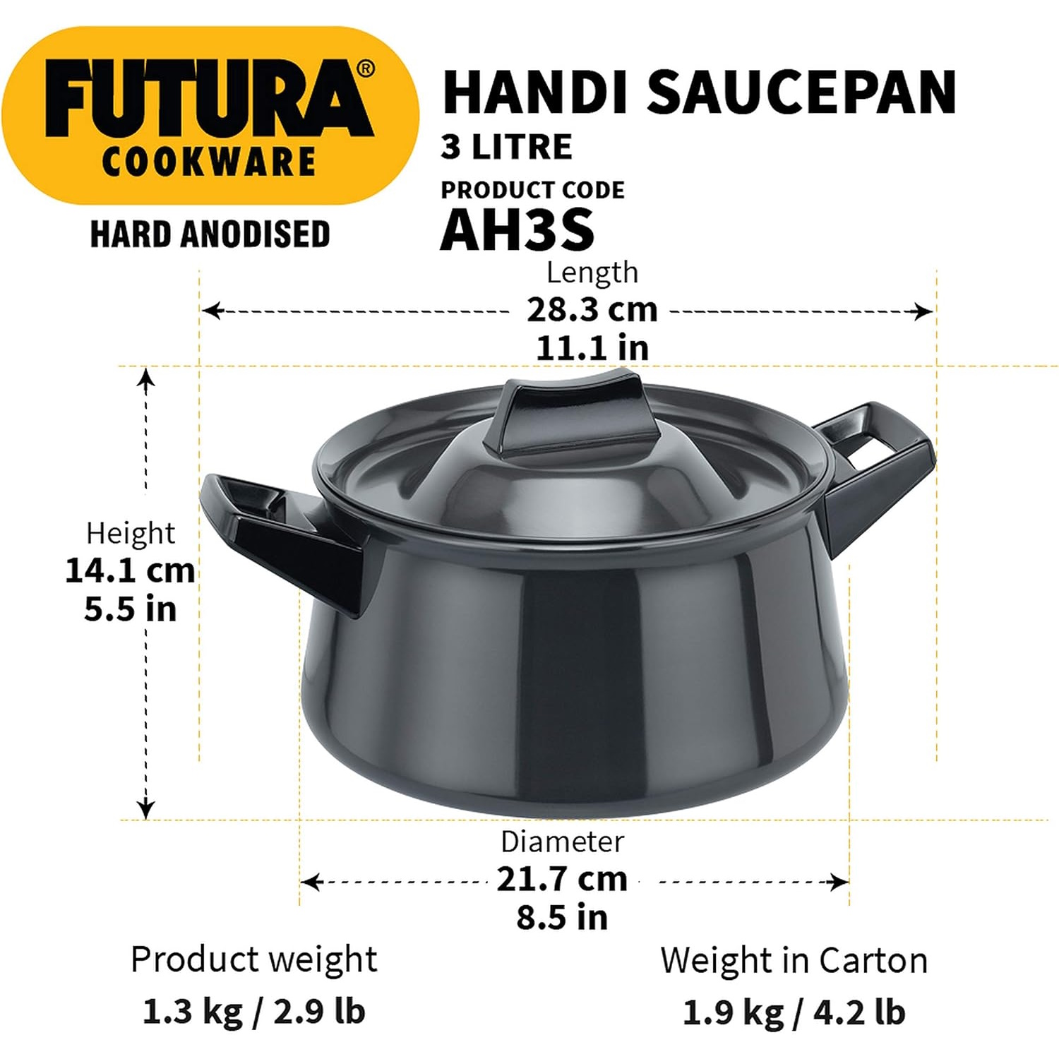 Hawkins Hard Anodised Handi Saucepan 3 Litre With 2 Short Handles (AH3S)-3
