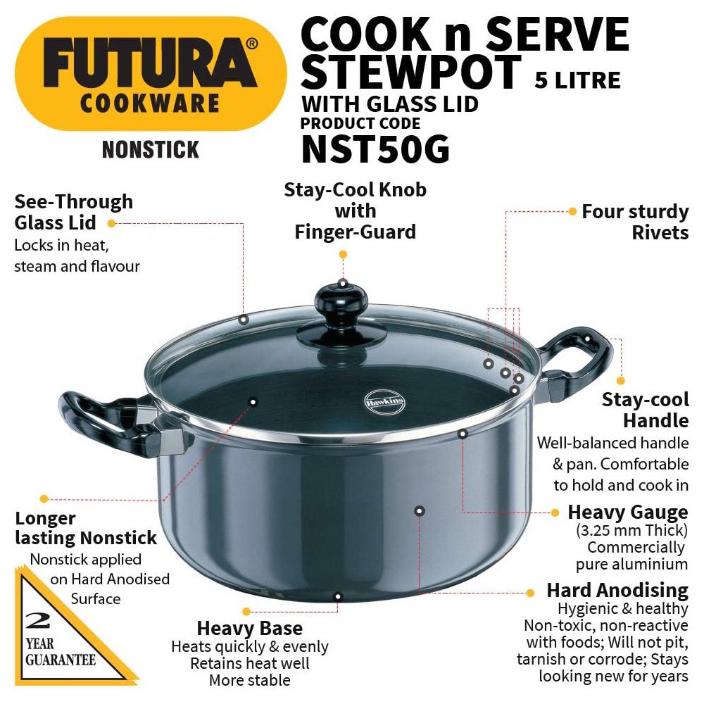 Hawkins Nonstick Cook-n-serve Stewpot 5 Litre With Glass Lid NST50G-2