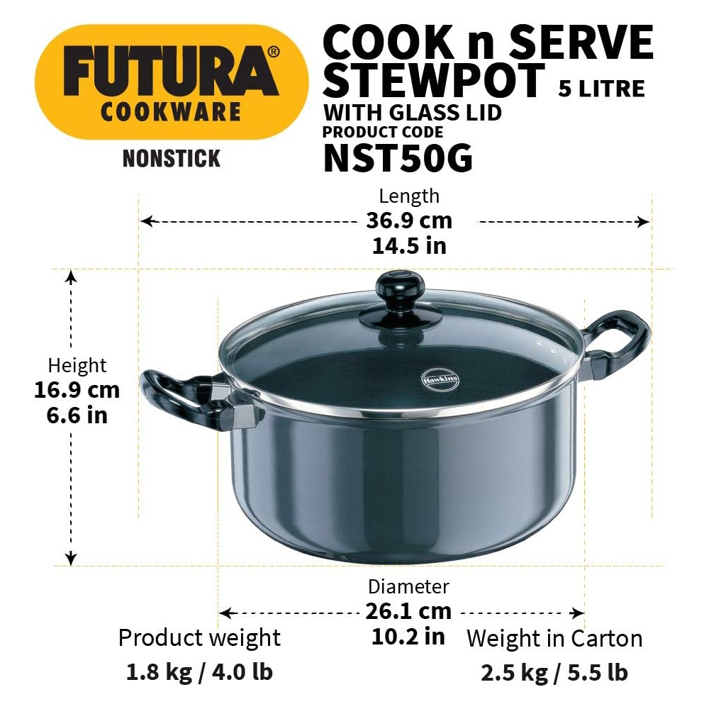 Hawkins Nonstick Cook-n-serve Stewpot 5 Litre With Glass Lid NST50G-3