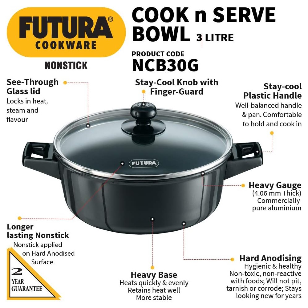 Hawkins Futura Non-Stick Cook-N-Serve Bowl with Glass Lid, 3 Litre - NCB30G-2