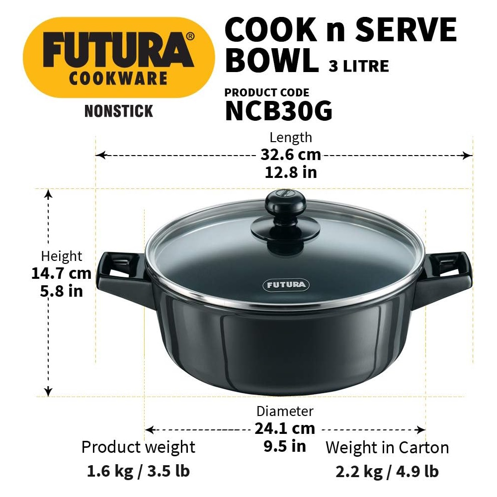 Hawkins Futura Non-Stick Cook-N-Serve Bowl with Glass Lid, 3 Litre - NCB30G-3