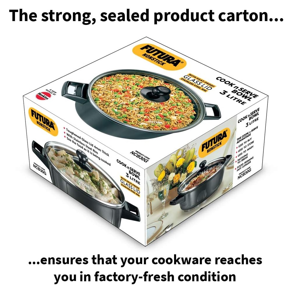Hawkins Futura Non-Stick Cook-N-Serve Bowl with Glass Lid, 3 Litre - NCB30G-4