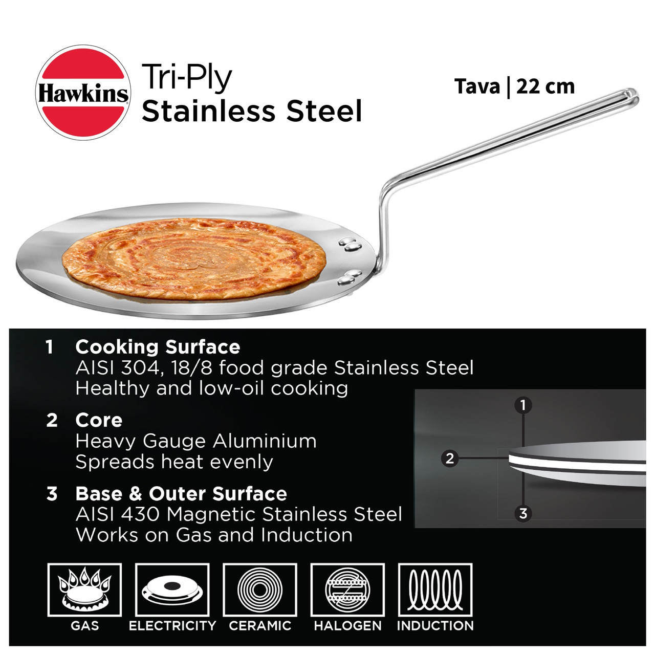 Hawkins Tri-Ply Stainless Steel Tava, 22 cm SSTV22