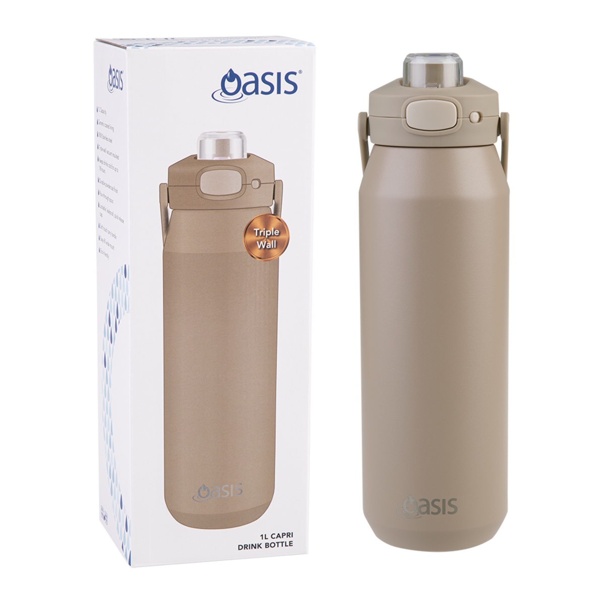 Oasis Ceramic Lined Stainless Steel Insulated Capri Drink Bottle Quick Release Lid 1l Latte-1