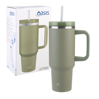 Oasis Stainless Steel Double Wall Insulated Commuter Travel Tumbler 1.2l - Olive Green