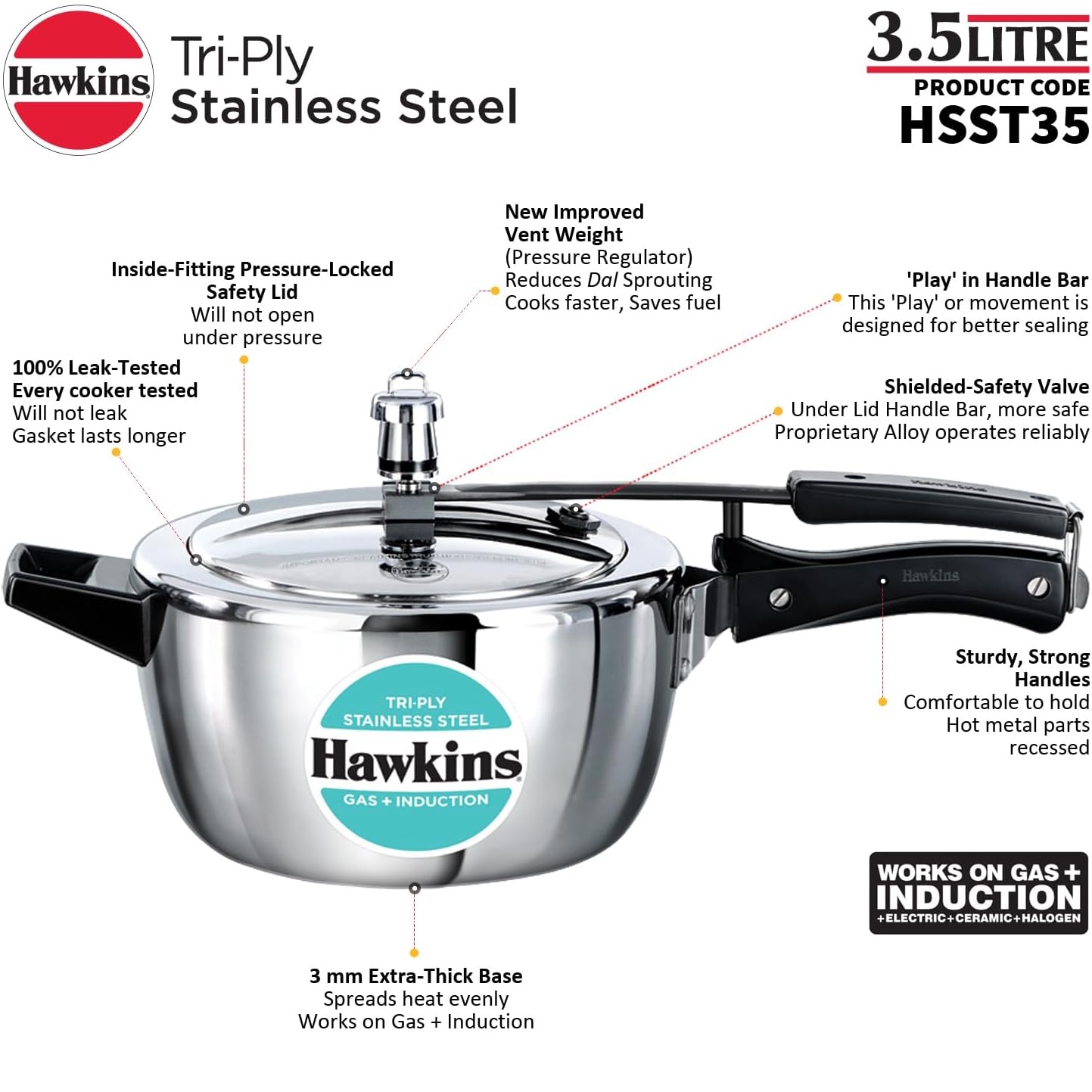 Hawkins Stainless Steel Tri Ply Pressure Cooker 3.5L - HSST35-2
