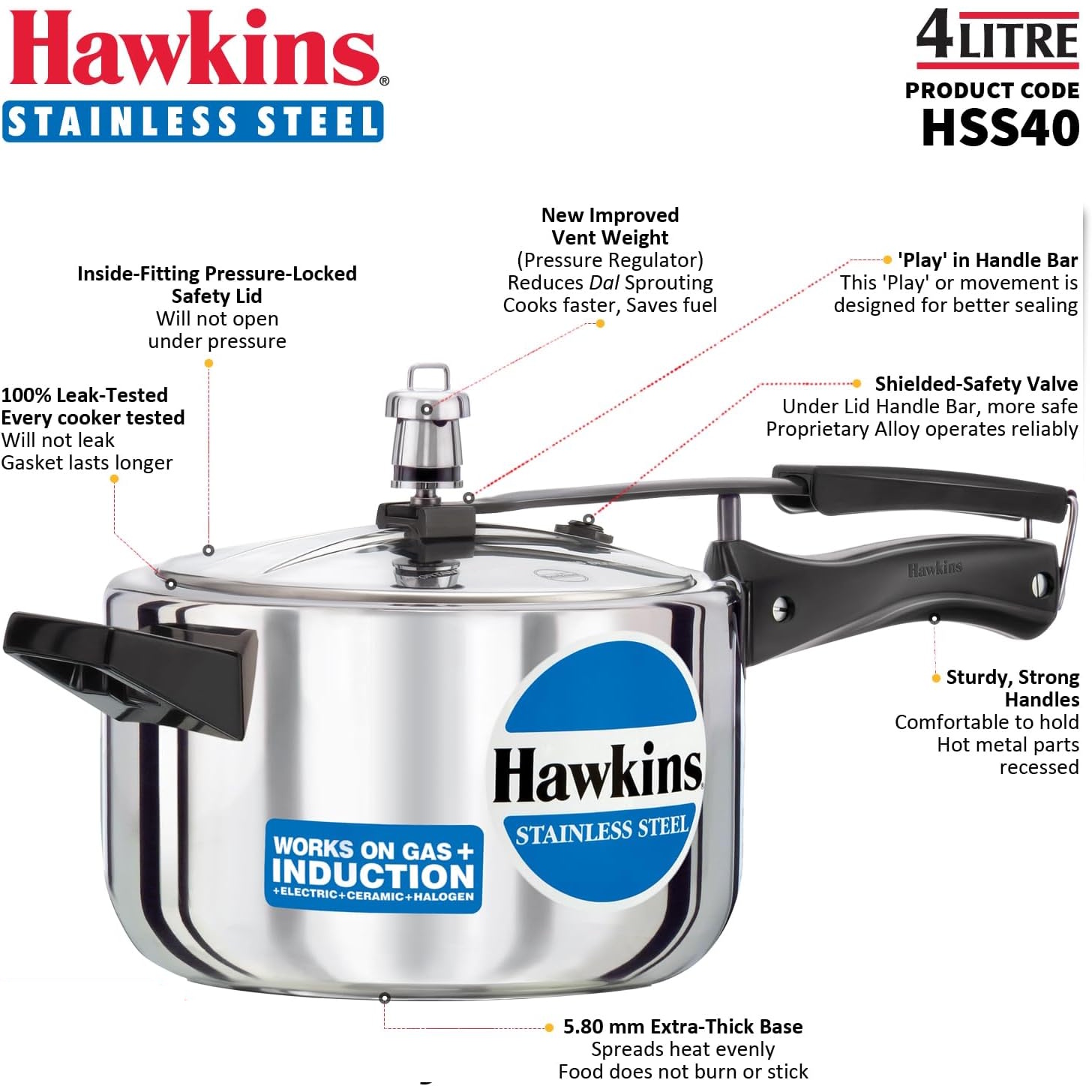 Hawkins Stainless Steel 4 Litre Pressure Cooker - Induction - HSS40-3