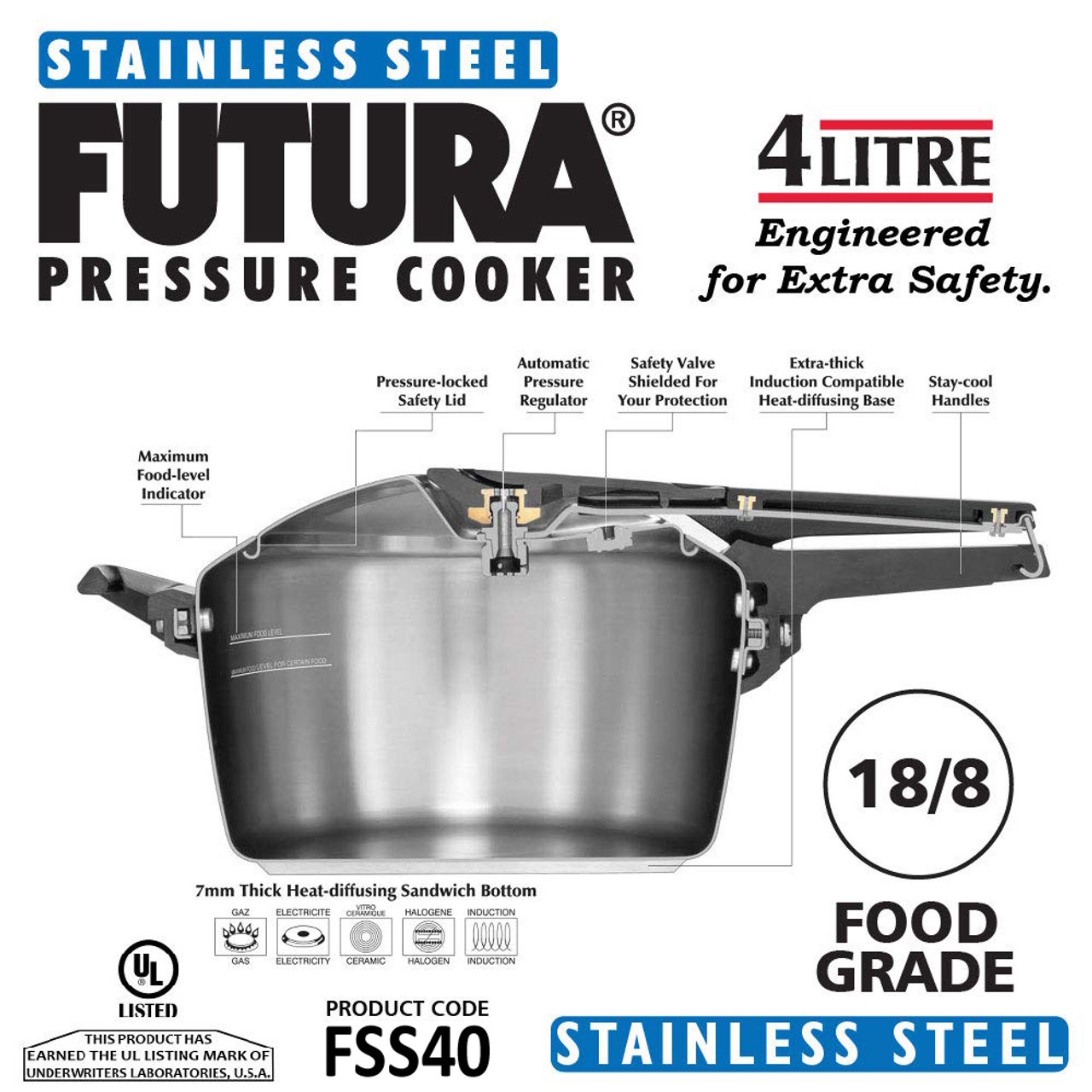 Hawkins Futura Stainless Steel 4 Litre Pressure Cooker - FSS40-2