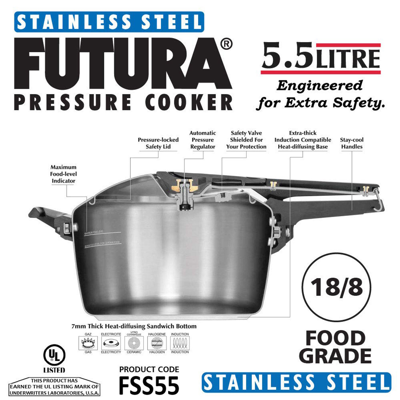 Hawkins Futura Stainless Steel 5.5 Litre Pressure Cooker - FSS55-4