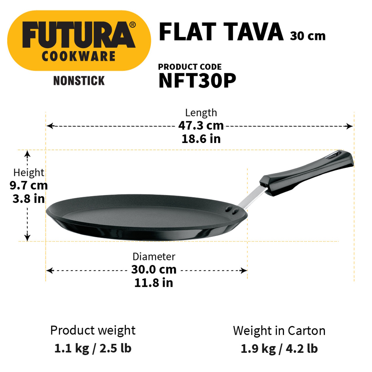 Hawkins 30cm Nonstick Flat Tava With Plastic Handle - NFT30P