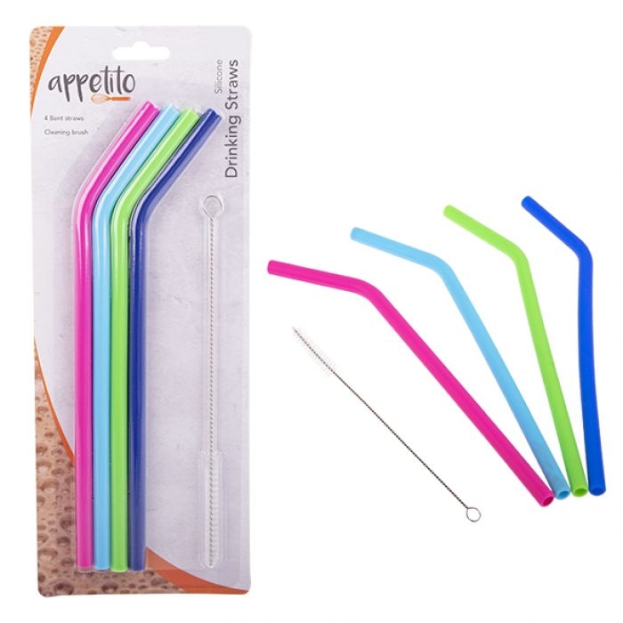 Appetito Silicone Bent Drinking Straws Set 4 W/ Brush - 4 Asst. Colours-1