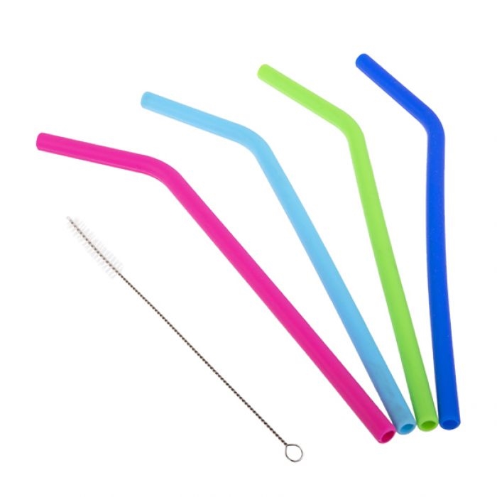 Appetito Silicone Bent Drinking Straws Set 4 W/ Brush - 4 Asst. Colours-2