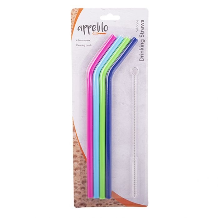 Appetito Silicone Bent Drinking Straws Set 4 W/ Brush - 4 Asst. Colours-4