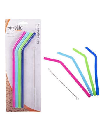 Appetito Silicone Bent Drinking Straws Set 4 W/ Brush - 4 Asst. Colours